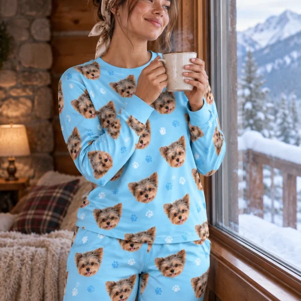 Woman posing in matching pajamas, Yorkshire terrier faces on light blue paw-print fabric — MyDogPics