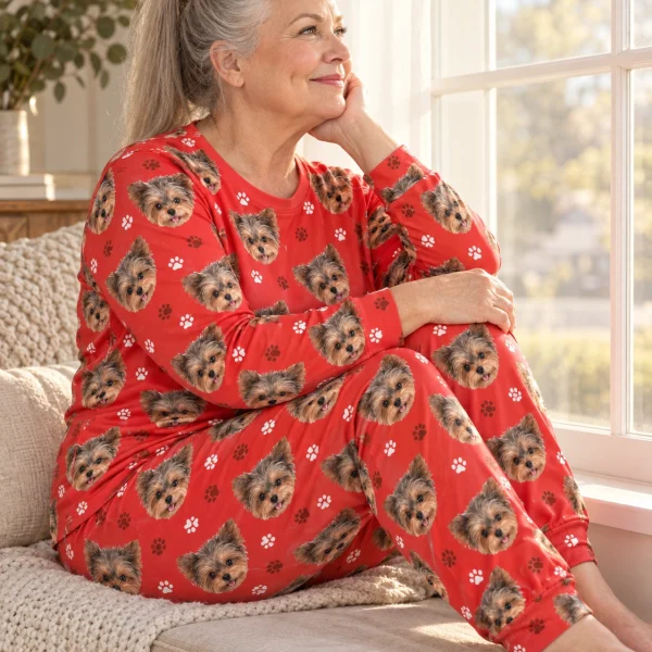 Side view of matching pajamas with Yorkshire terrier faces on red paw-print fabric — MyDogPics