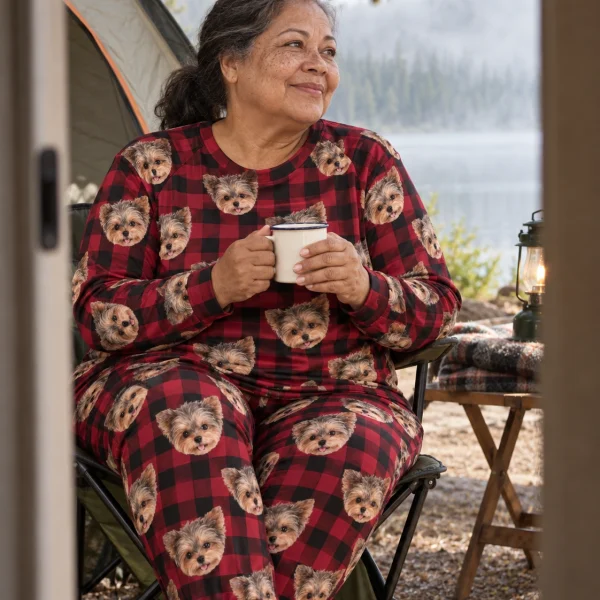 Woman sitting in matching pajamas covered in Yorkshire terrier faces — MyDogPics