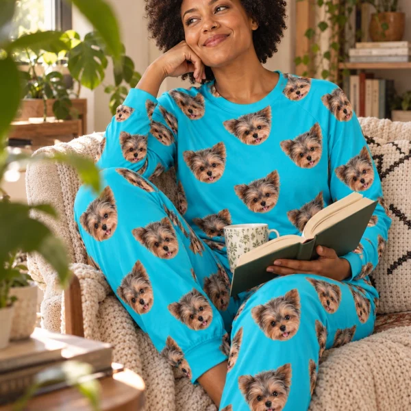 Woman sitting in matching pajamas covered in Yorkshire terrier faces — MyDogPics