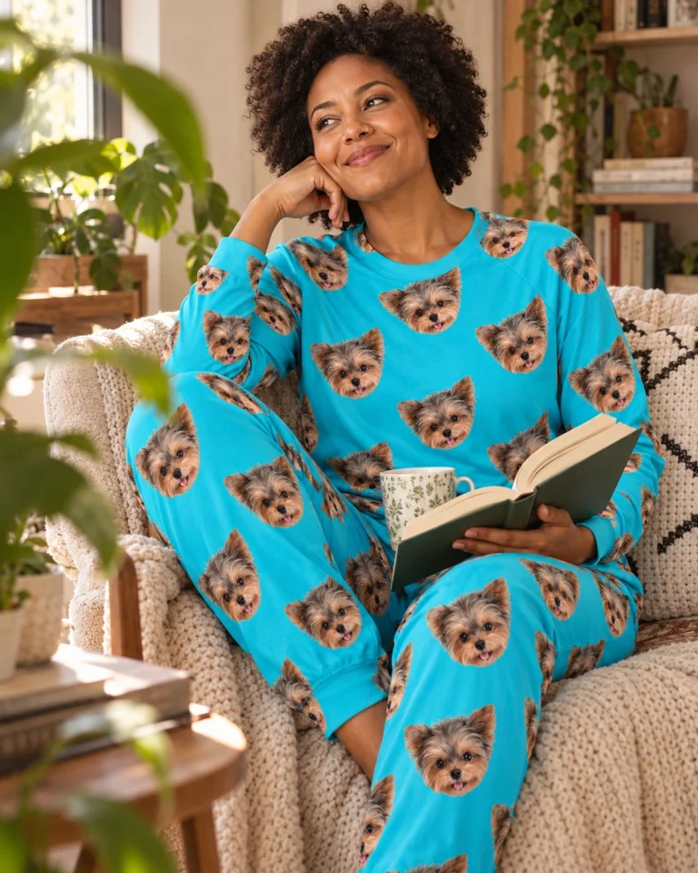 Woman sitting in matching pajamas covered in Yorkshire terrier faces — MyDogPics