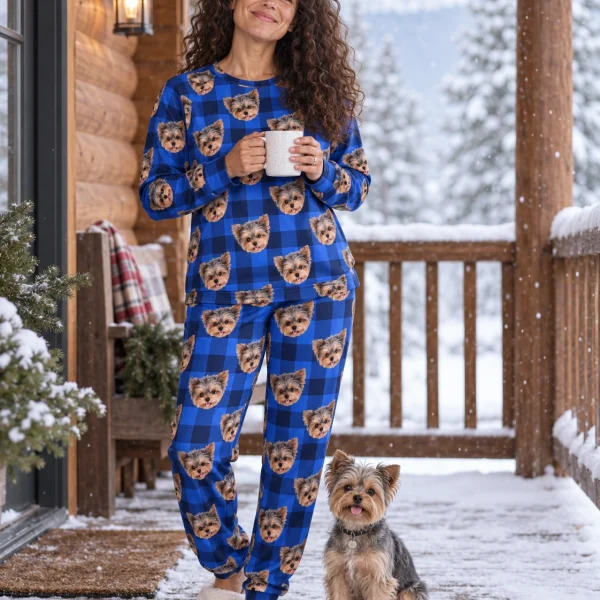 Woman in matching pajamas with her Yorkshire terrier — MyDogPics