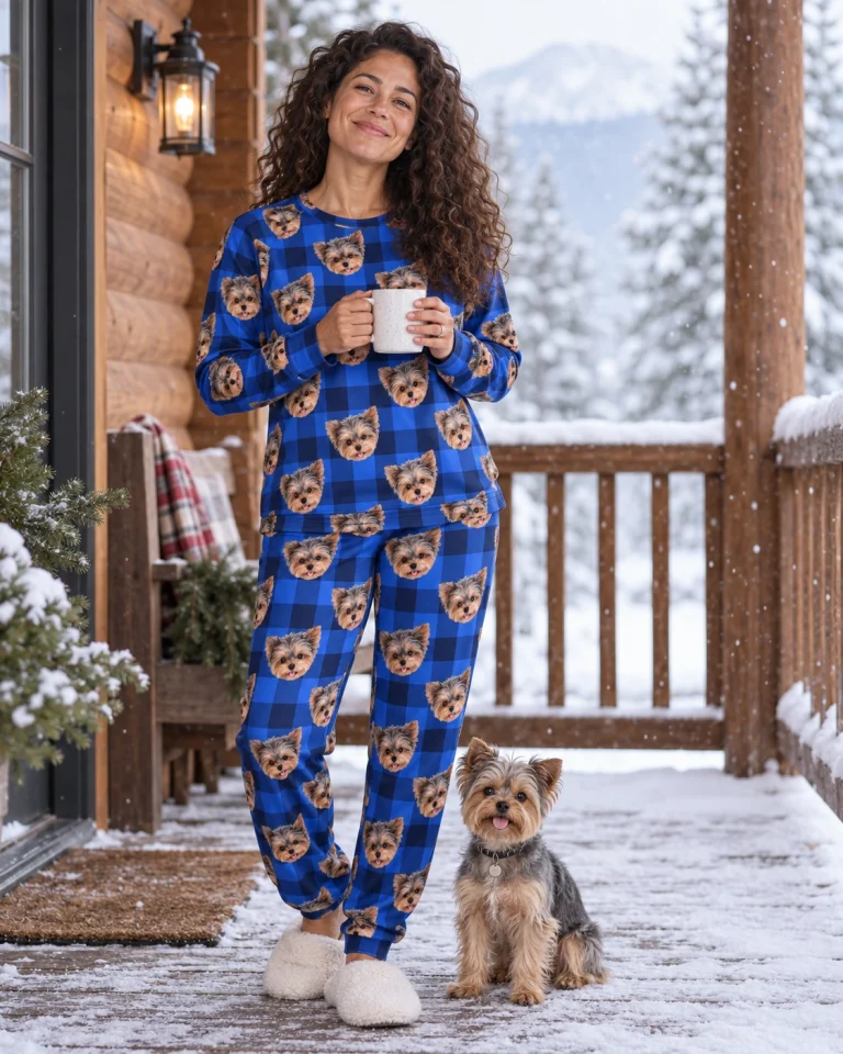 Woman in matching pajamas with her Yorkshire terrier — MyDogPics