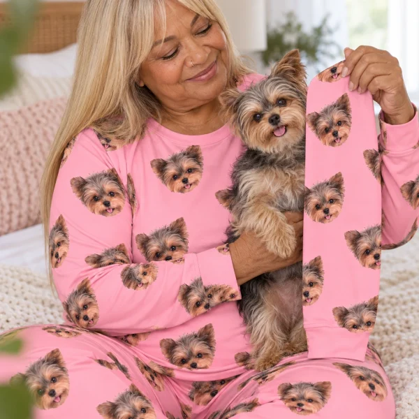 Woman in matching pajamas with her Yorkshire terrier — MyDogPics