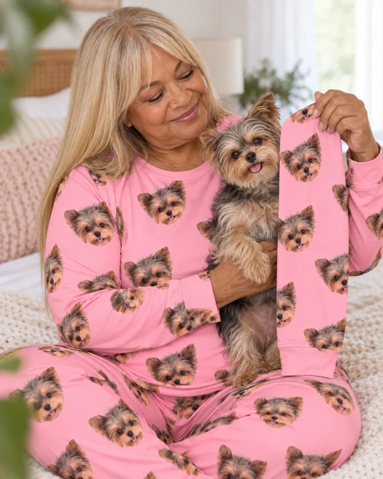 Woman in matching pajamas with her Yorkshire terrier — MyDogPics