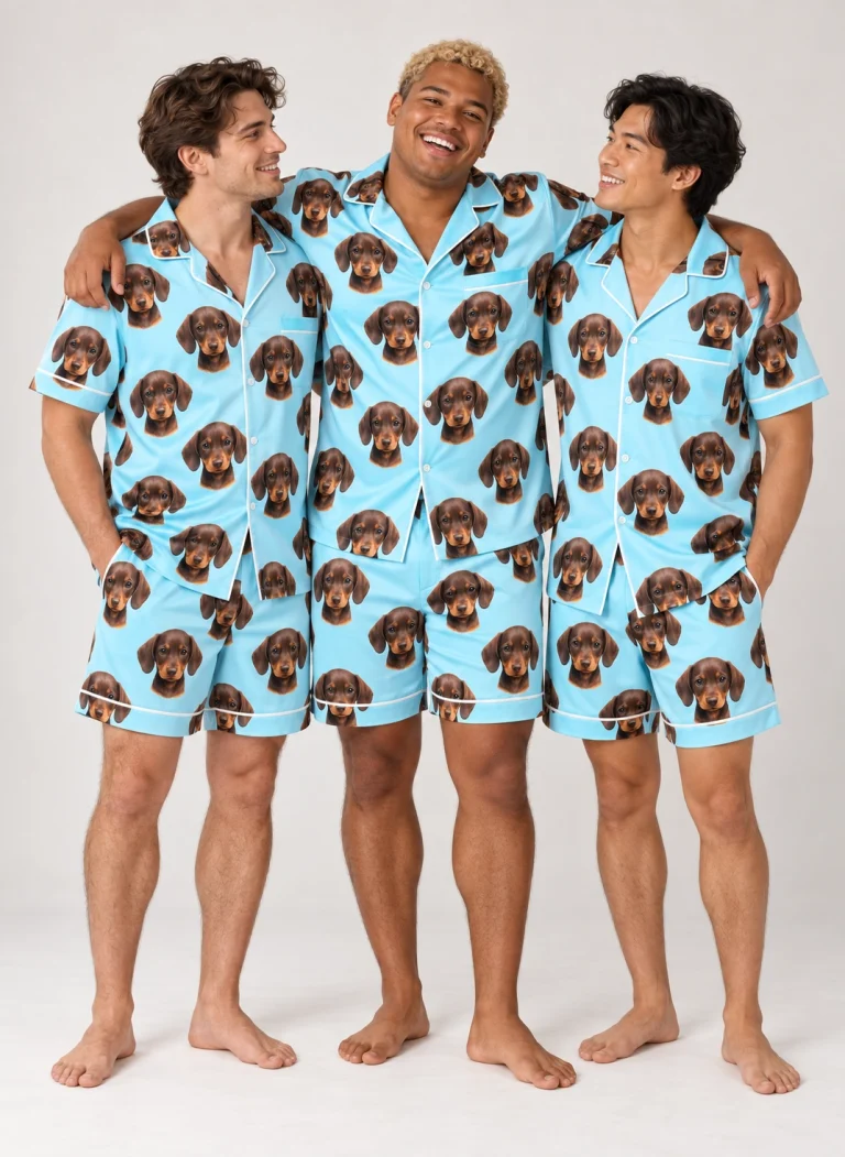 Man and friends in matching men PJs with brown dachshund puppy faces on light blue satin — MyDogPics