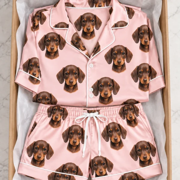 Flat lay of men PJs: shirt and shorts covered in brown dachshund puppy faces — MyDogPics