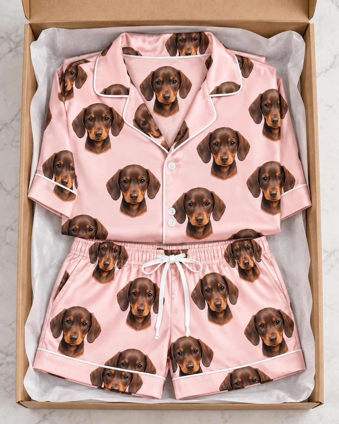 Men PJs – Flat Lay, Blush Pink | MyDogPics Flat lay of men PJs: shirt and shorts covered in brown dachshund puppy faces — MyDogPics