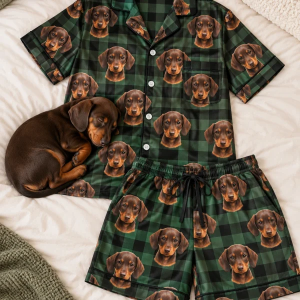 Flat lay of men PJs: shirt and shorts covered in brown dachshund puppy faces — MyDogPics
