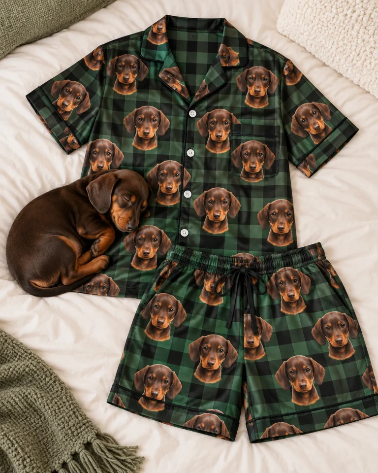 Flat lay of men PJs: shirt and shorts covered in brown dachshund puppy faces — MyDogPics