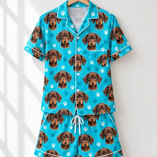 Men PJs shirt and shorts hanging up, covered in brown dachshund puppy faces — MyDogPics