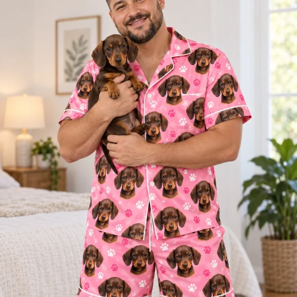 Man in men PJs holding his dachshund — MyDogPics