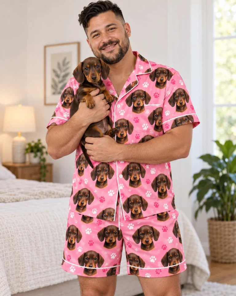 Man in men PJs holding his dachshund — MyDogPics