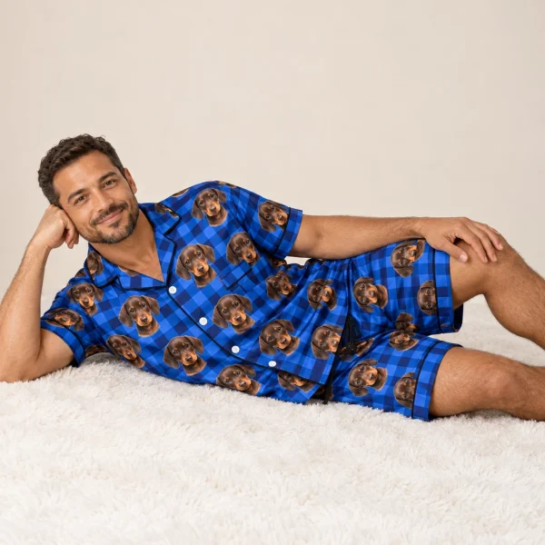 Man posing in men PJs, brown dachshund puppy faces on blue plaid satin — MyDogPics