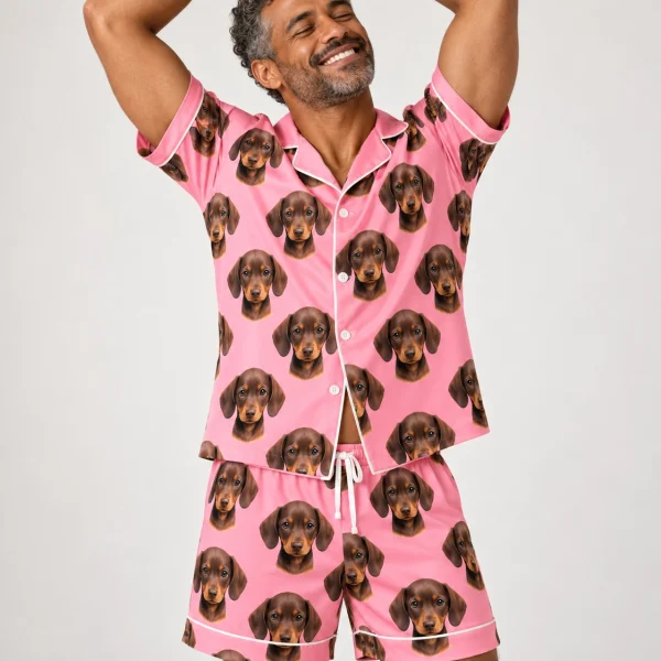 Man posing in men PJs, brown dachshund puppy faces on pink satin — MyDogPics
