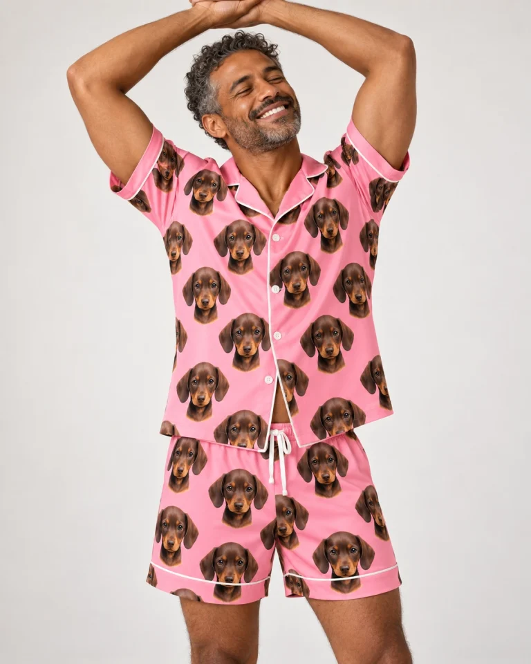 Man posing in men PJs, brown dachshund puppy faces on pink satin — MyDogPics