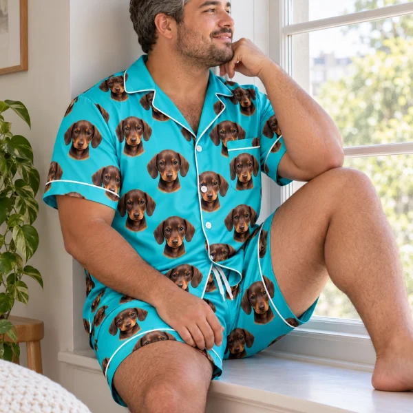 Man sitting in men PJs covered in brown dachshund puppy faces — MyDogPics