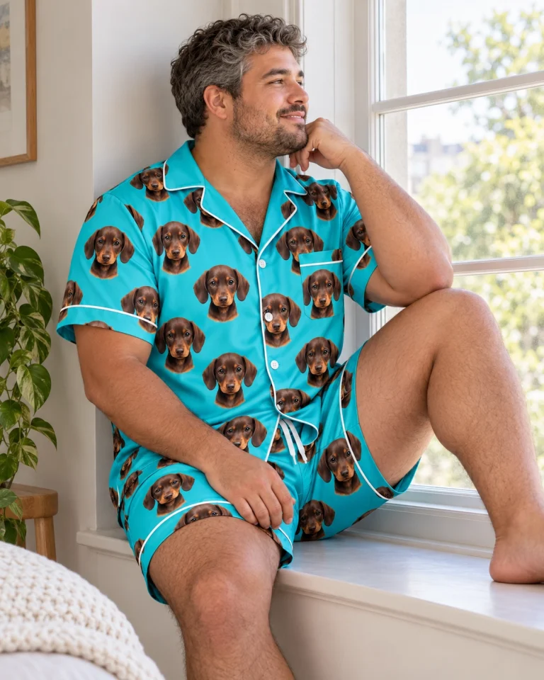 Man sitting in men PJs covered in brown dachshund puppy faces — MyDogPics