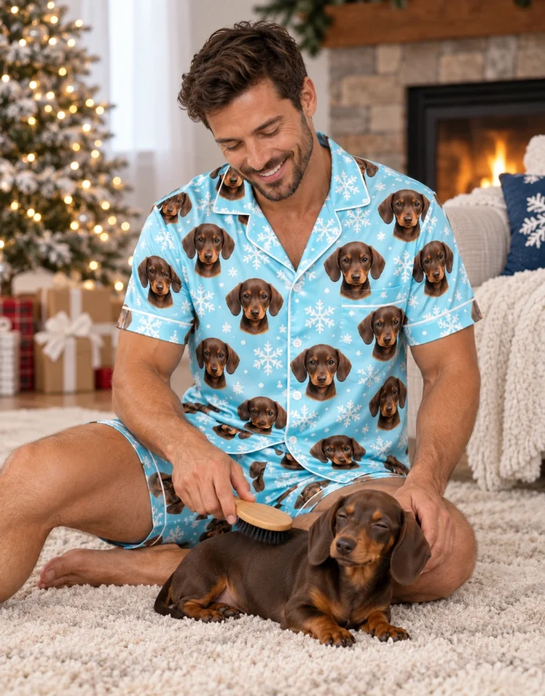 Man in men PJs with his dachshund — MyDogPics