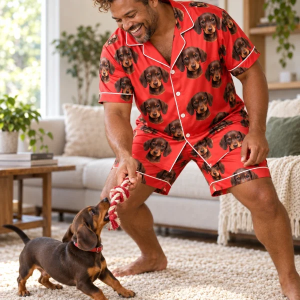 Man in men PJs with his dachshund — MyDogPics