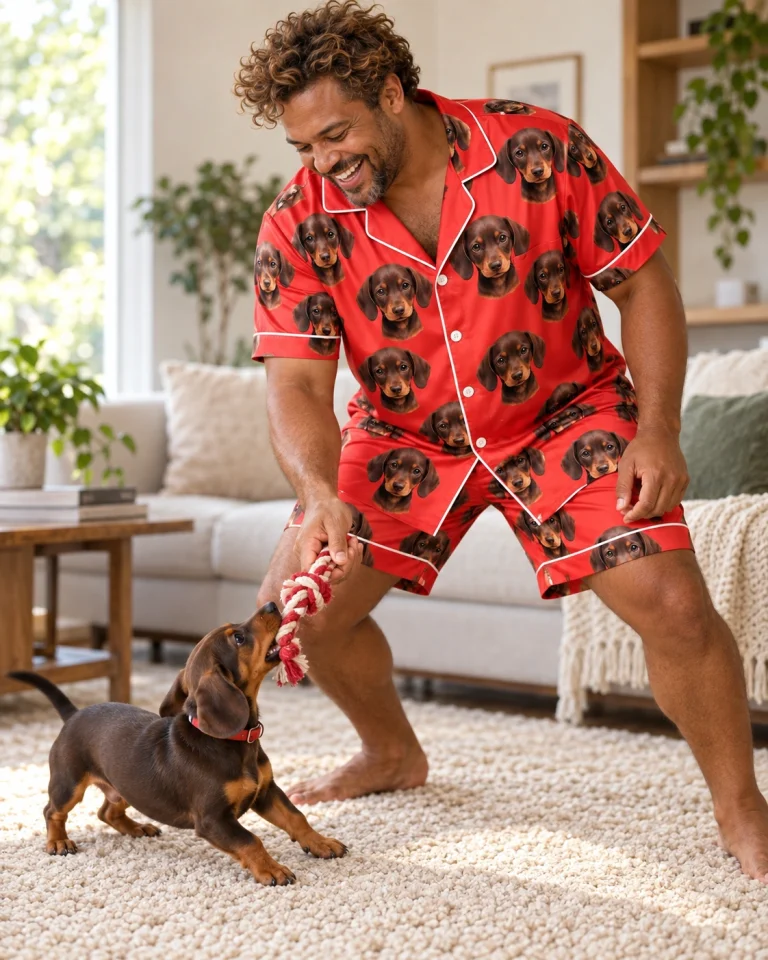 Man in men PJs with his dachshund — MyDogPics