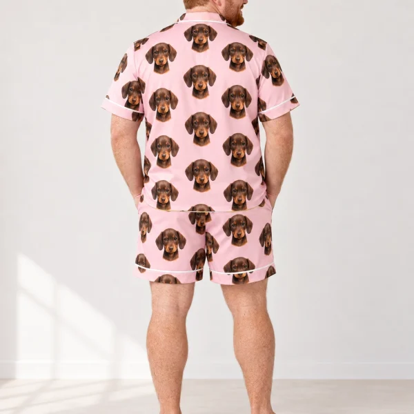 Back view of mens festive pajamas: the print continues all the way round — MyDogPics
