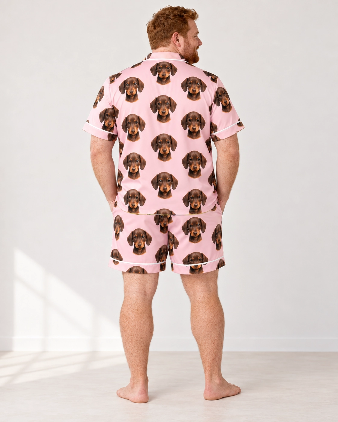 Men’s Festive Pajamas – Back View, Blush Pink | MyDogPics Back view of mens festive pajamas: the print continues all the way round — MyDogPics