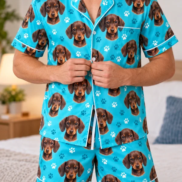 Close-up of the mens festive pajamas print: brown dachshund puppy faces on teal paw-print satin — MyDogPics