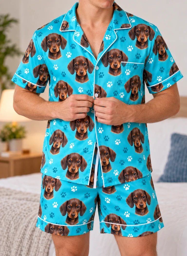 Close-up of the mens festive pajamas print: brown dachshund puppy faces on teal paw-print satin — MyDogPics