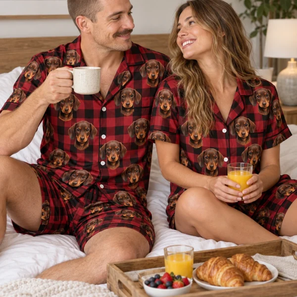 Man and his partner in matching mens festive pajamas with brown dachshund puppy faces on red plaid satin — MyDogPics