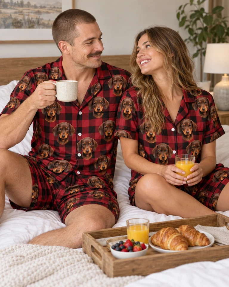 Man and his partner in matching mens festive pajamas with brown dachshund puppy faces on red plaid satin — MyDogPics