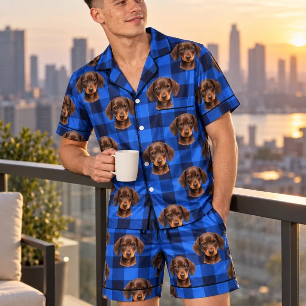 Man wearing mens festive pajamas covered in brown dachshund puppy faces on blue plaid satin — MyDogPics