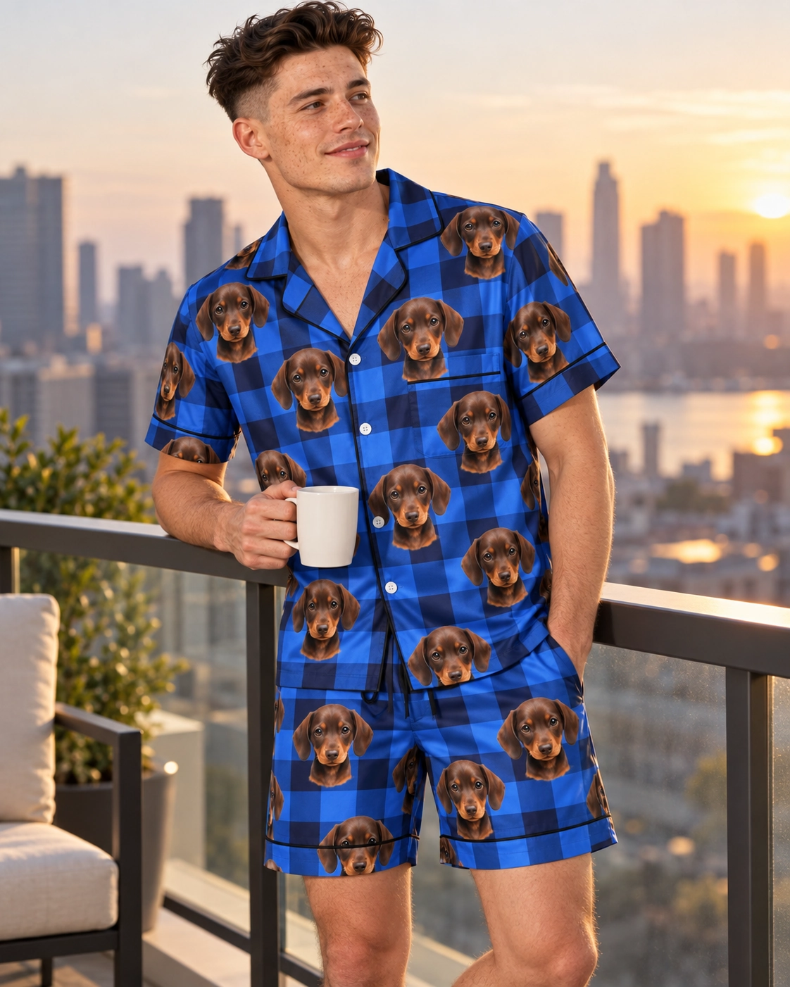 Men’s Festive Pajamas – Front View, Blue Plaid | MyDogPics Man wearing mens festive pajamas covered in brown dachshund puppy faces on blue plaid satin — MyDogPics