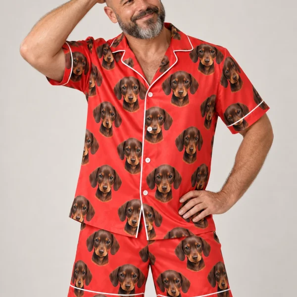 Man wearing mens festive pajamas covered in brown dachshund puppy faces on red satin — MyDogPics