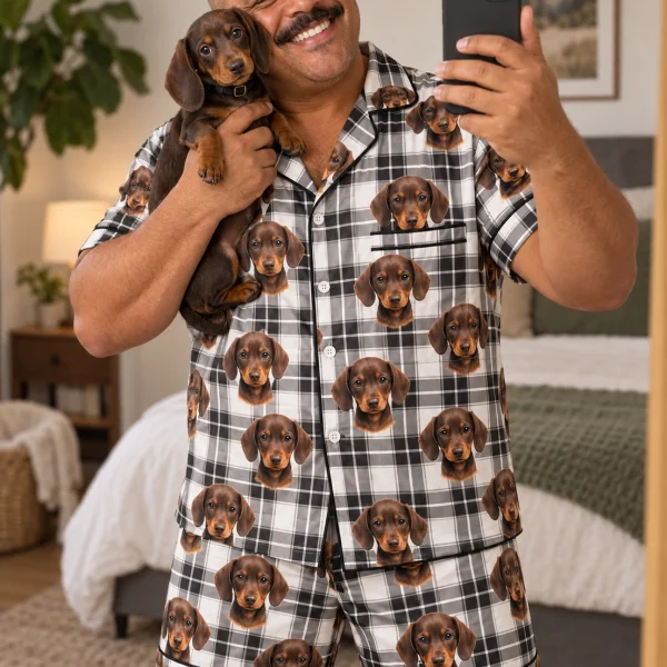 Man in mens festive pajamas holding his dachshund — MyDogPics