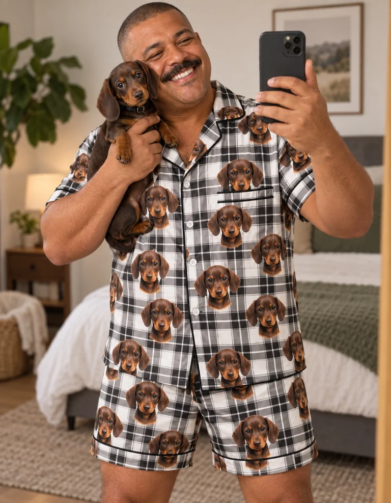 Man in mens festive pajamas holding his dachshund — MyDogPics
