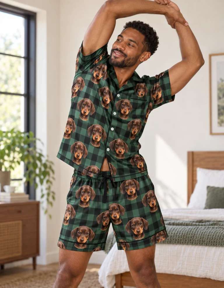 Man posing in mens festive pajamas, brown dachshund puppy faces on green plaid satin — MyDogPics