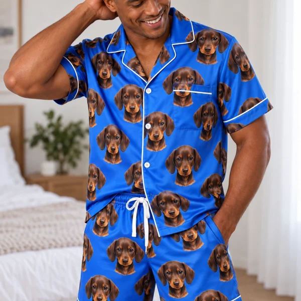 Man posing in mens festive pajamas, brown dachshund puppy faces on royal blue satin — MyDogPics