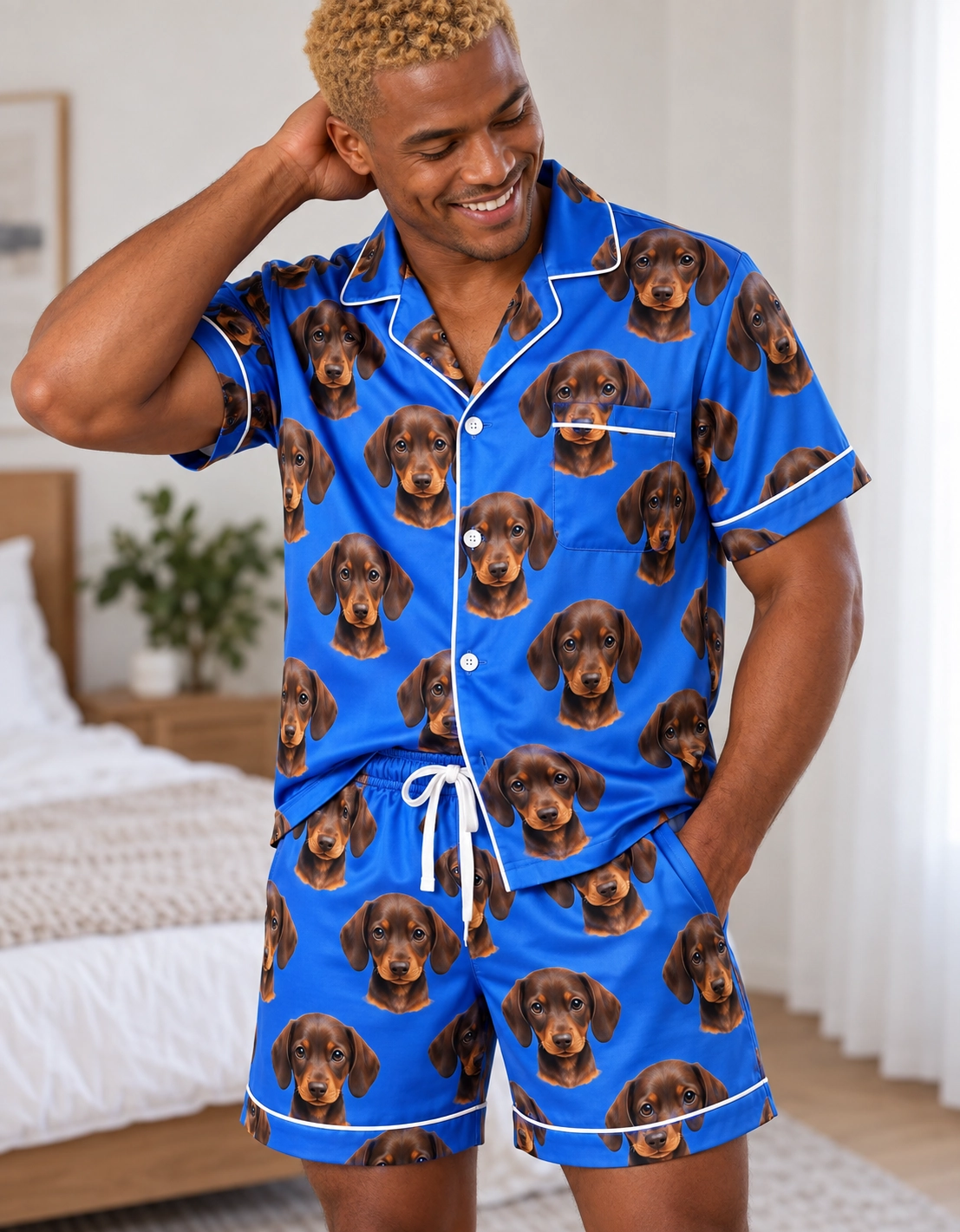 Men’s Festive Pajamas – Pose, Royal Blue | MyDogPics Man posing in mens festive pajamas, brown dachshund puppy faces on royal blue satin — MyDogPics