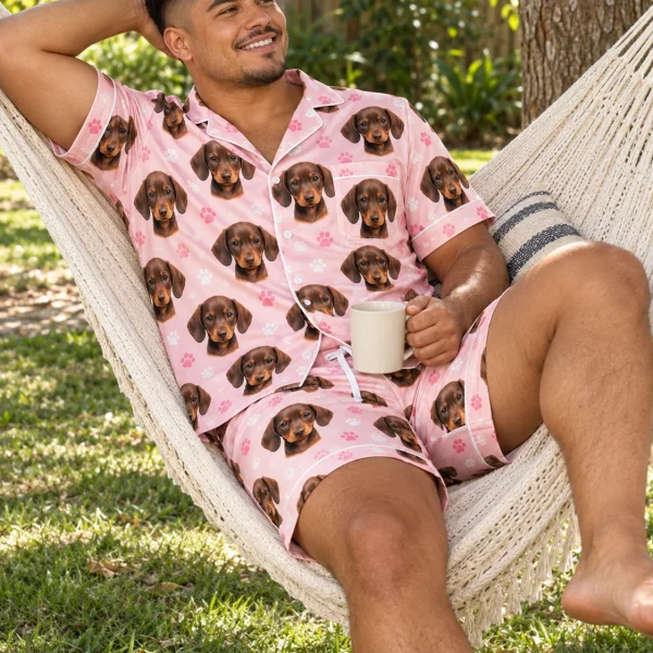 Man sitting in mens festive pajamas covered in brown dachshund puppy faces — MyDogPics