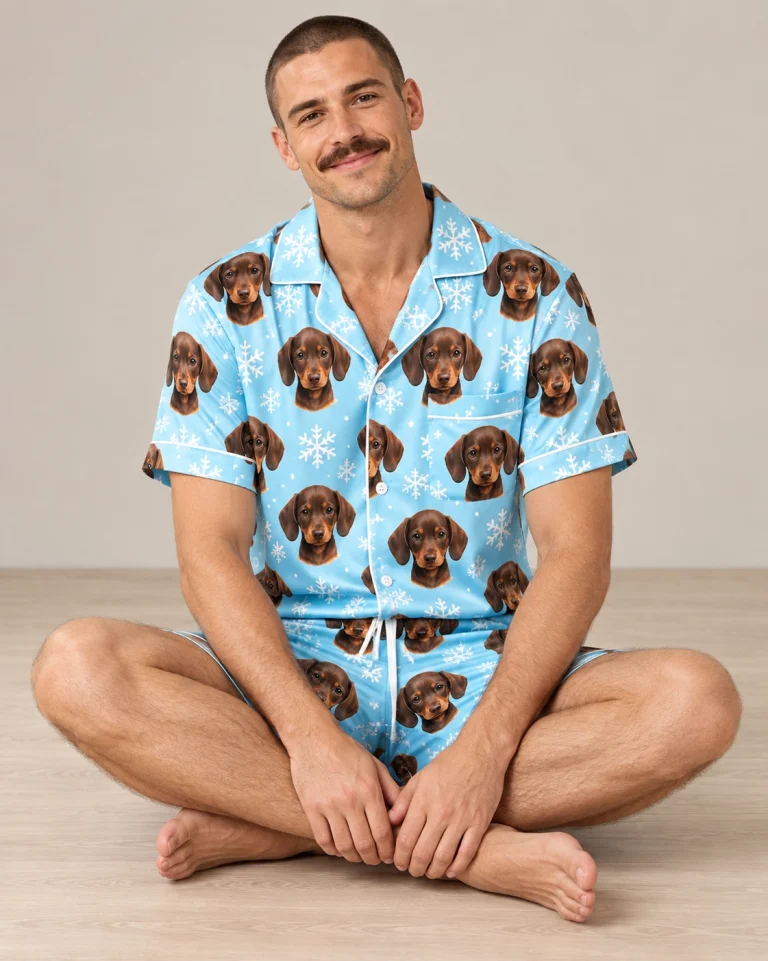 Man sitting in mens festive pajamas covered in brown dachshund puppy faces — MyDogPics