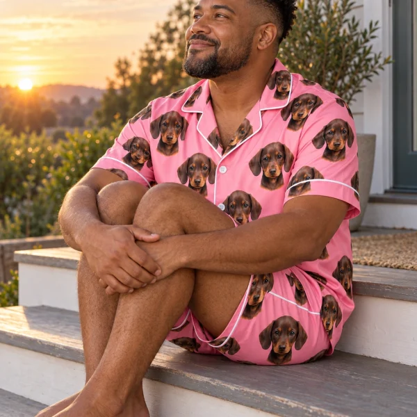 Man sitting in mens festive pajamas covered in brown dachshund puppy faces — MyDogPics