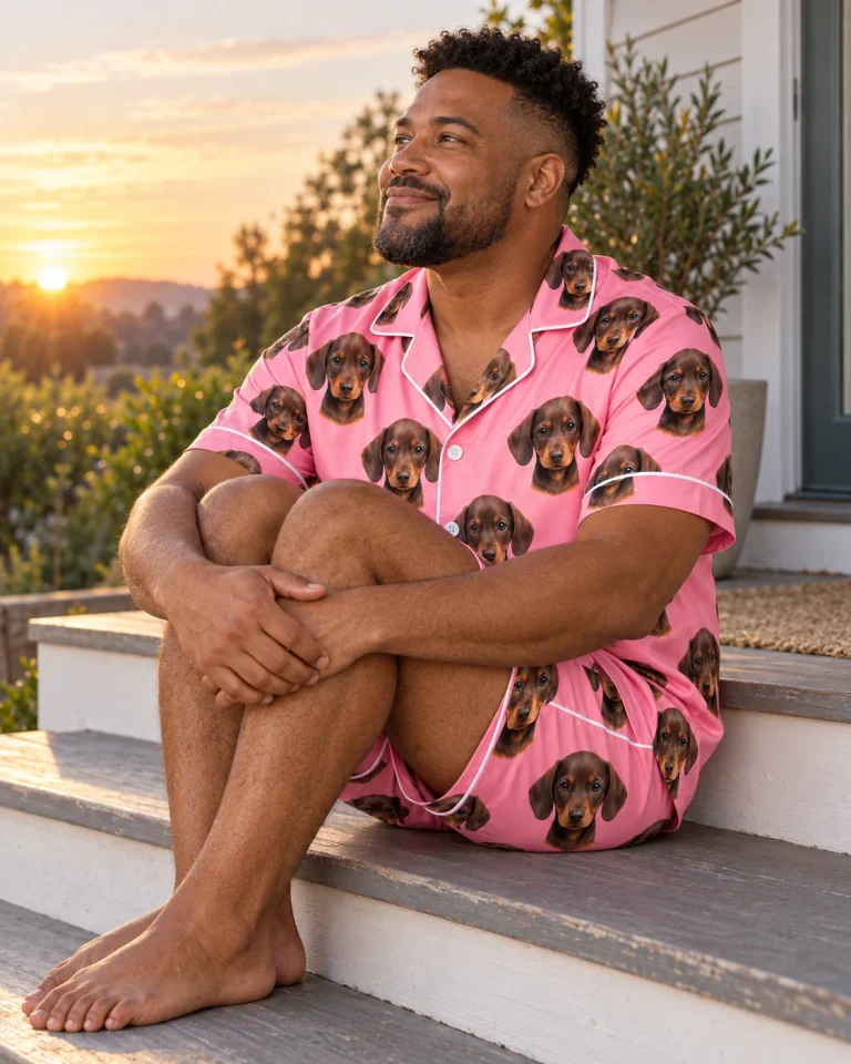Man sitting in mens festive pajamas covered in brown dachshund puppy faces — MyDogPics