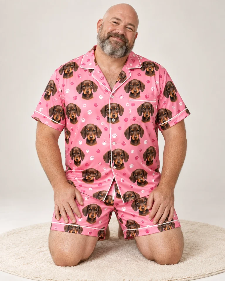 Man sitting in mens festive pajamas covered in brown dachshund puppy faces — MyDogPics