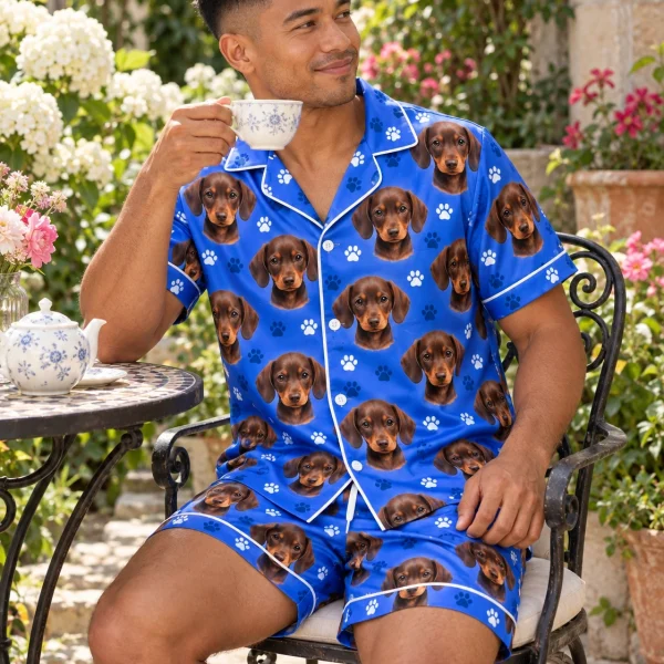 Man sitting in mens festive pajamas covered in brown dachshund puppy faces — MyDogPics