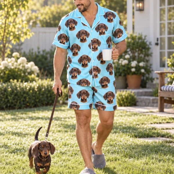 Man in mens festive pajamas with his dachshund — MyDogPics