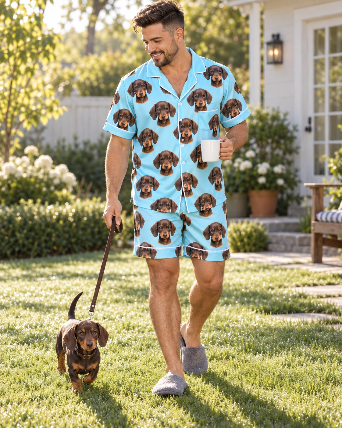 Men’s Festive Pajamas – With Dog, Light Blue | MyDogPics Man in mens festive pajamas with his dachshund — MyDogPics