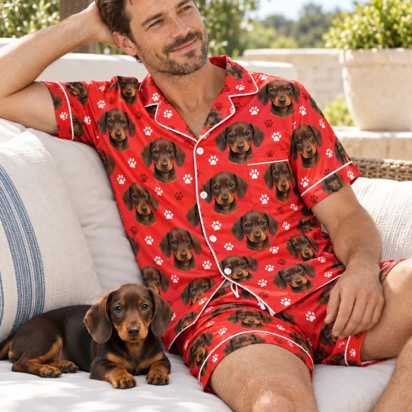 Man in mens festive pajamas with his dachshund — MyDogPics