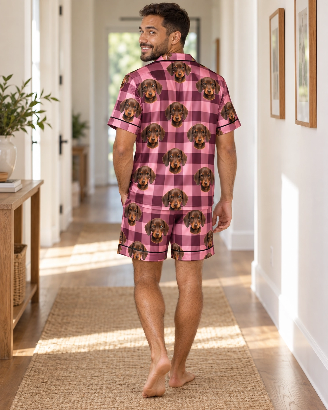 Men’s Pajama Set – Back View, Pink Plaid | MyDogPics Back view of a mens pajama set: the print continues all the way round — MyDogPics