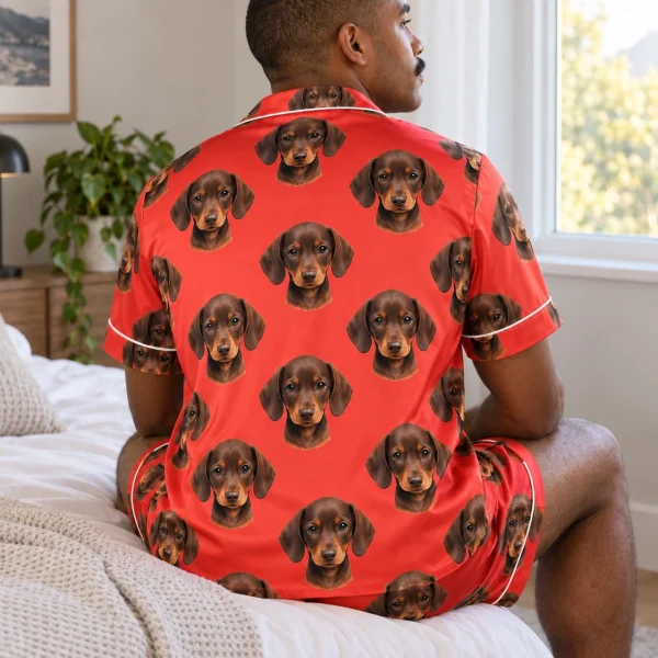 Back view of a mens pajama set: the print continues all the way round — MyDogPics